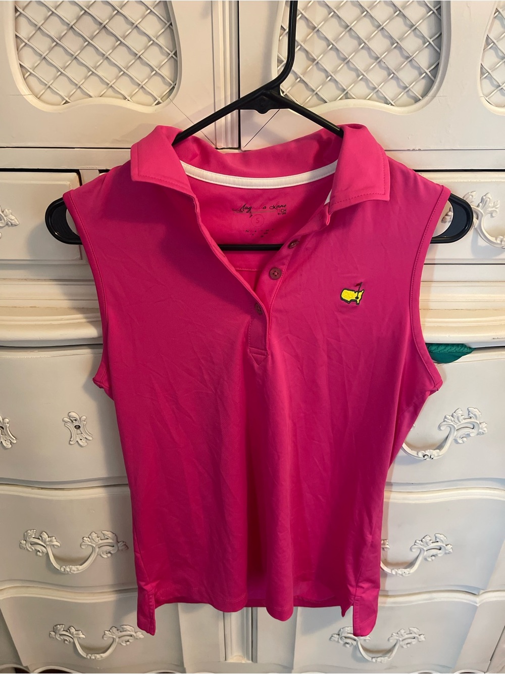 MASTERS Bright Pink Sleeveless Golf Polo with Yellow Logo